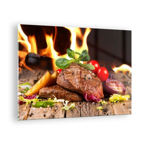 Quadro em vidro - Bife grelhado com legumes em frente às chamas - 70x50cm - Feito com brasas - Decoração de parede moderna para a sala de estar e quarto ARTTOR