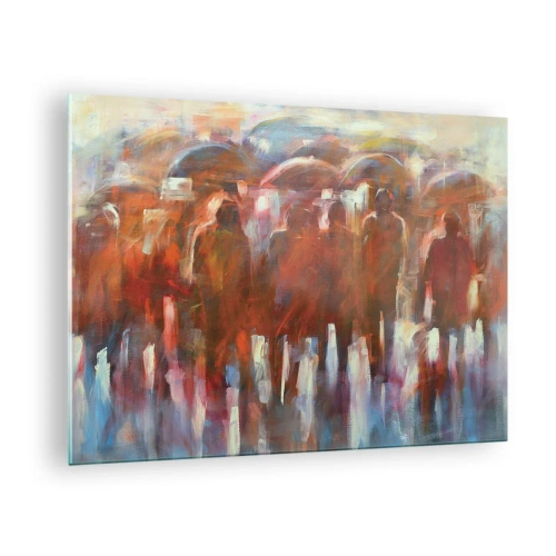 Quadro em vidro - Uma multidão de pessoas com guarda-chuvas em uma abstração artística - 70x50cm - Iguais na chuva e no nevoeiro - Decoração de parede moderna para a sala de estar e quarto ARTTOR