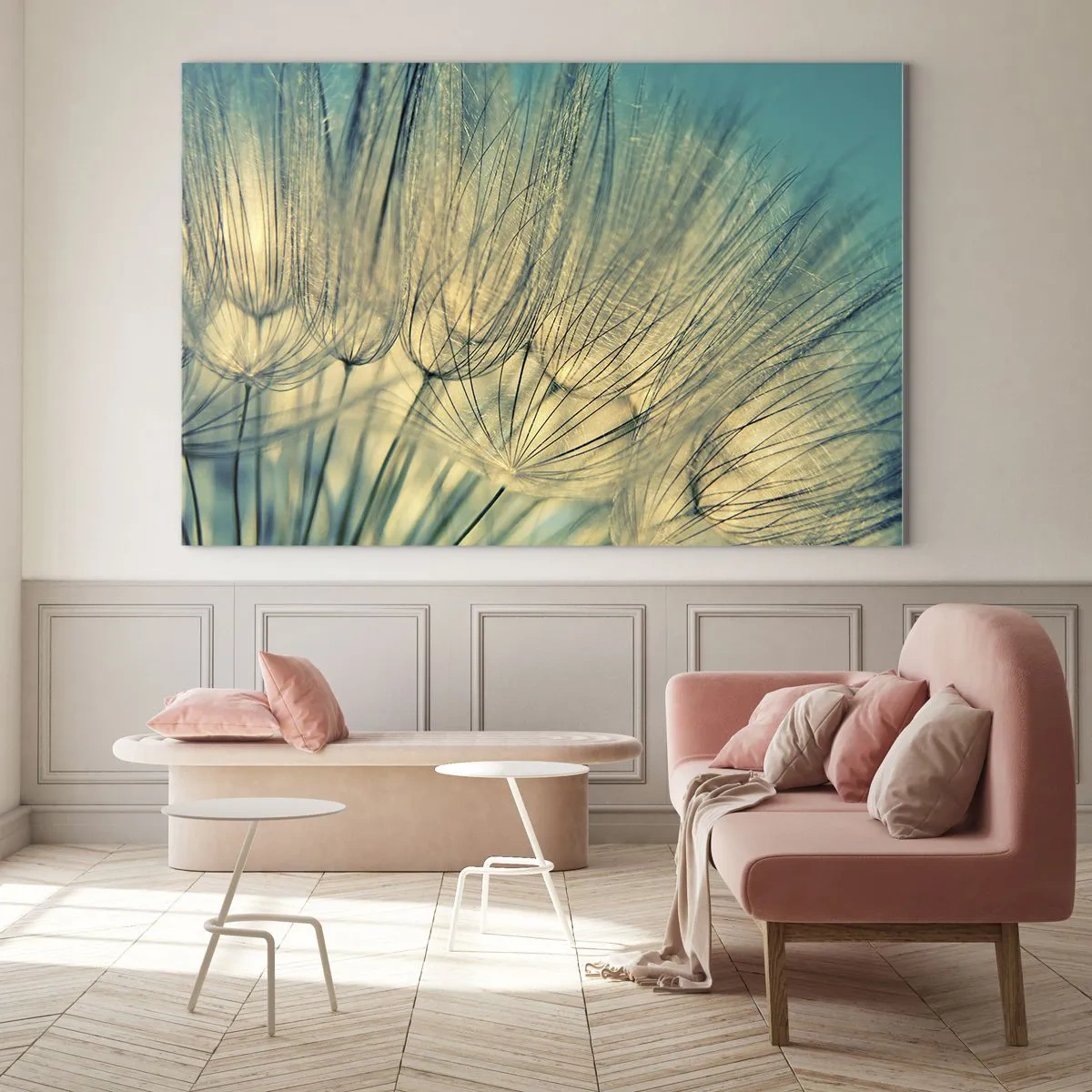 Quadro em vidro - Fotografia macro de um dente-de-leão sobre um fundo turquesa - 70x50cm - À espera do vento - Decoração de parede moderna para a sala de estar e quarto ARTTOR