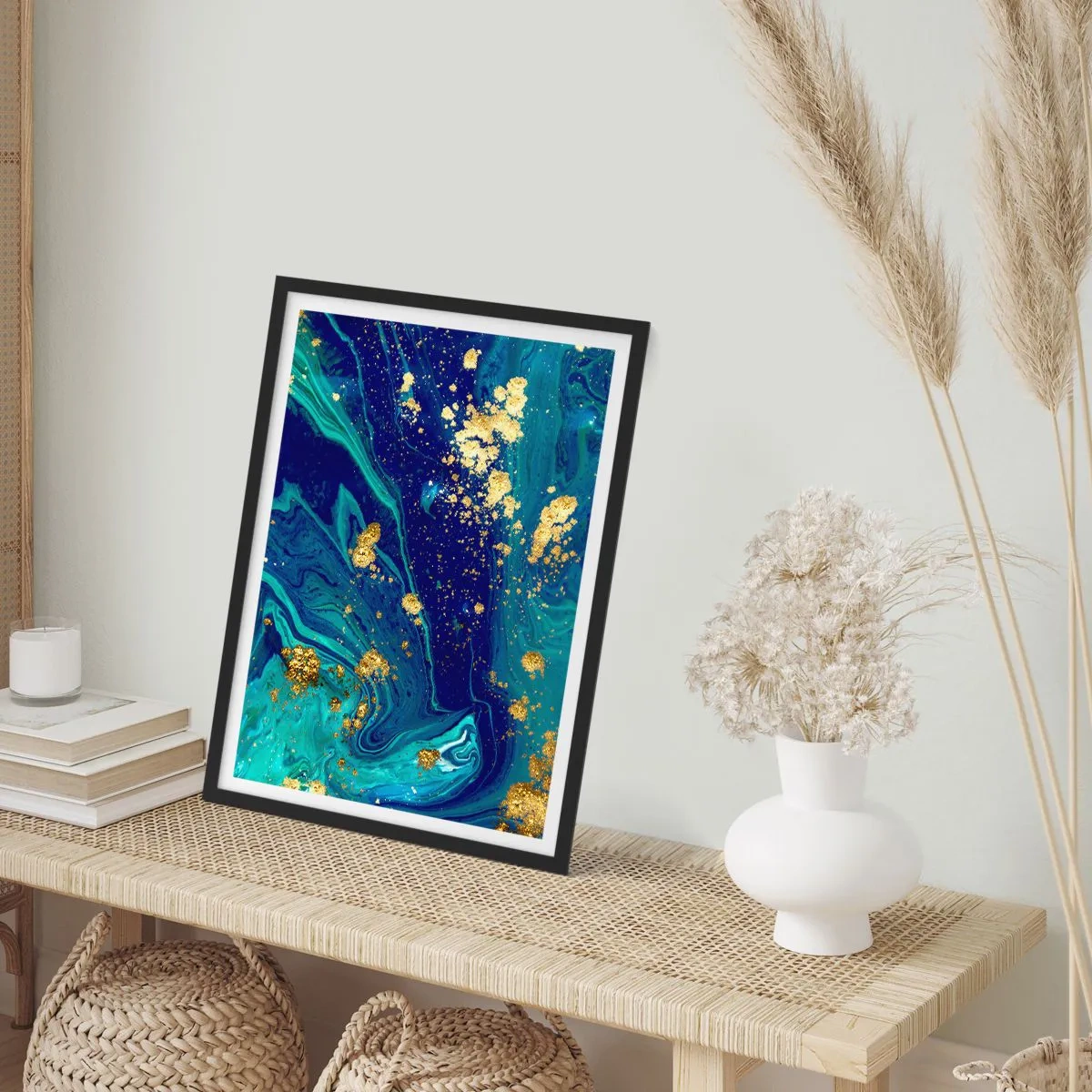 Pôster com moldura preta - Padrão abstrato em tons de azul e dourado - 50x70cm - Flocos de sol - Decoração de parede moderna para a sala de estar e quarto ARTTOR