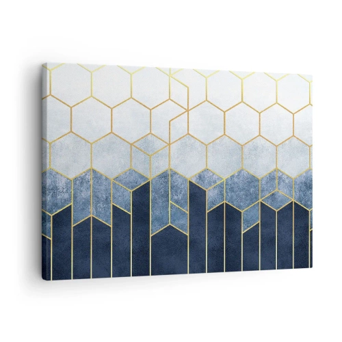 Quadro em tela - Padrão geométrico em tons de dourado e azul marinho - 70x50cm - Composição em ritmo sincopado - Decoração de parede moderna para a sala de estar e quarto ARTTOR
