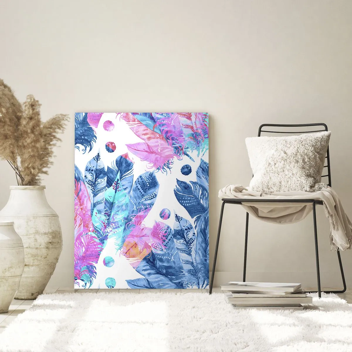 Quadro em vidro - Plumas em rosa e azul - 50x70 cm