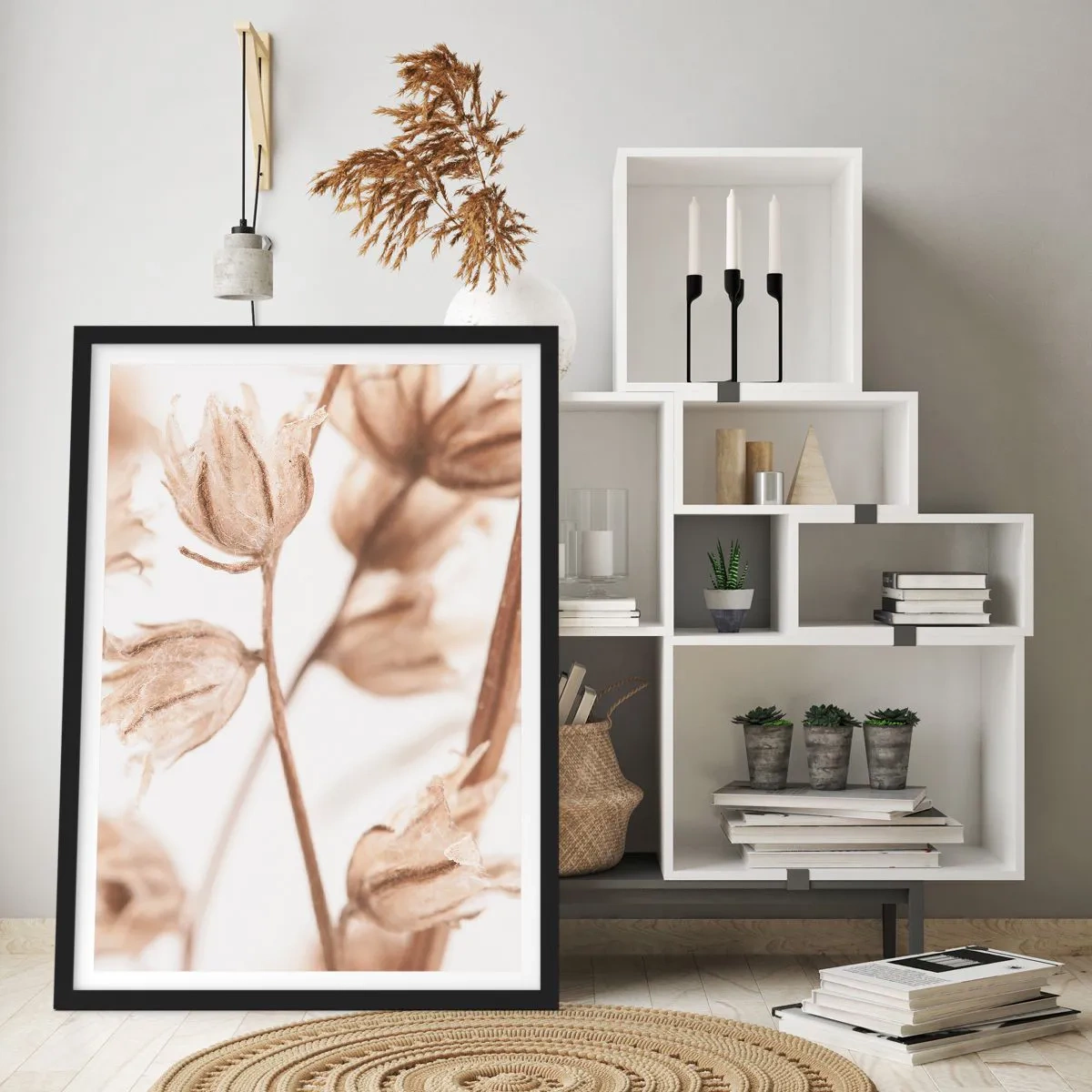 Pôster com moldura preta - Plantas secas em sépia sobre fundo claro - 50x70cm - Eles estão ligando no final do verão - Decoração de parede moderna para a sala de estar e quarto ARTTOR