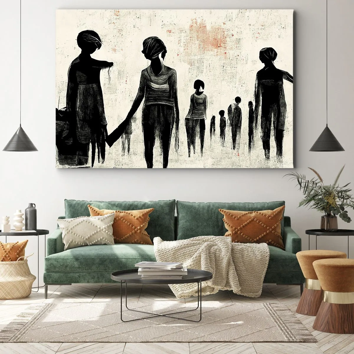 Quadro em tela - Figuras em composição monocromática sobre fundo claro - 70x50cm - Contra a solidão - Decoração de parede moderna para a sala de estar e quarto ARTTOR