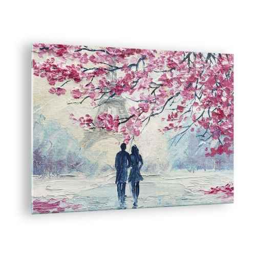 Quadro em vidro - Um casal caminhando sob árvores floridas - 70x50cm - Passeio romântico - Decoração de parede moderna para a sala de estar e quarto ARTTOR