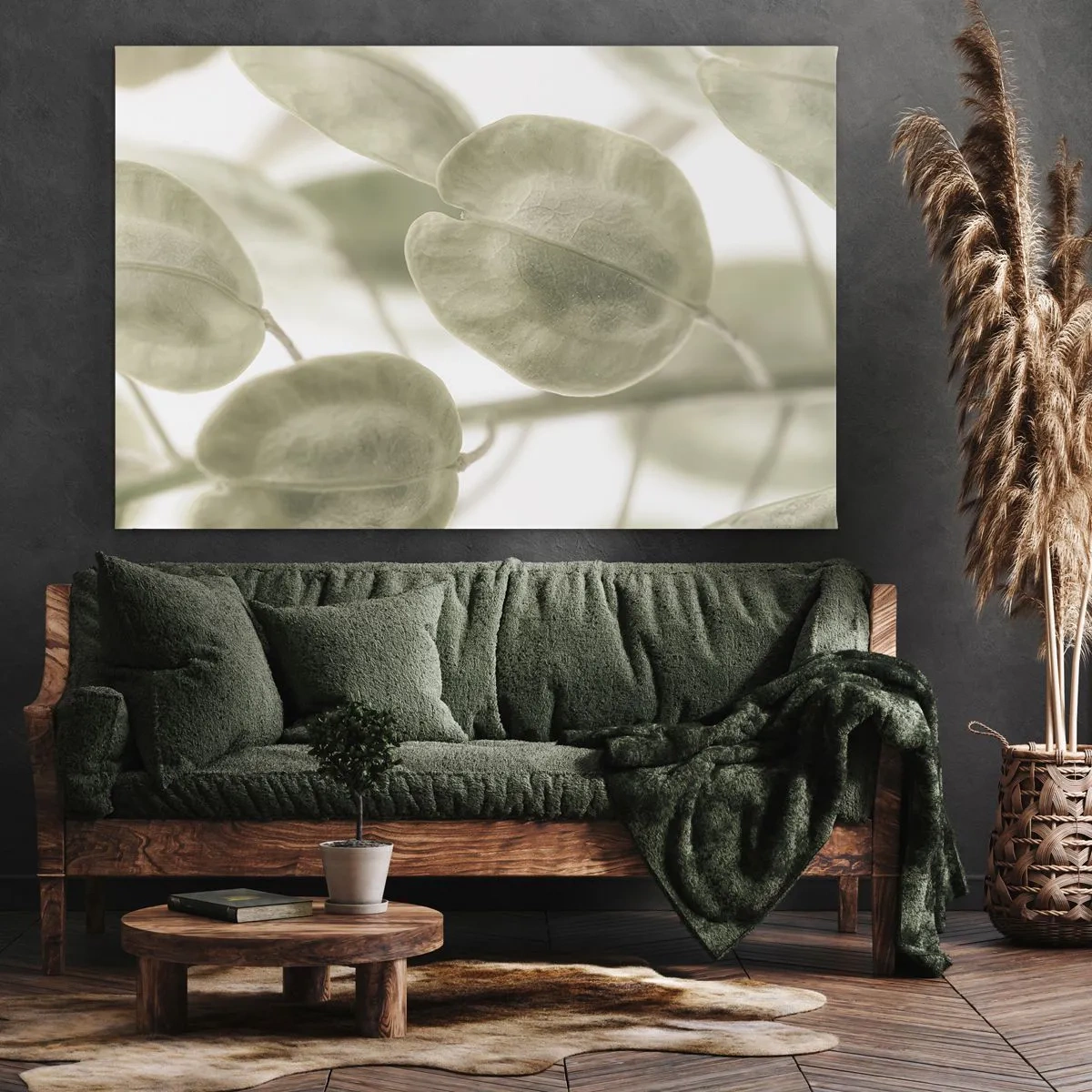 Quadro em tela - Uma pintura delicada de folhas em tons pastéis de verde sobre um fundo claro. - 70x50cm - No começo eram folhas... - Decoração de parede moderna para a sala de estar e quarto ARTTOR