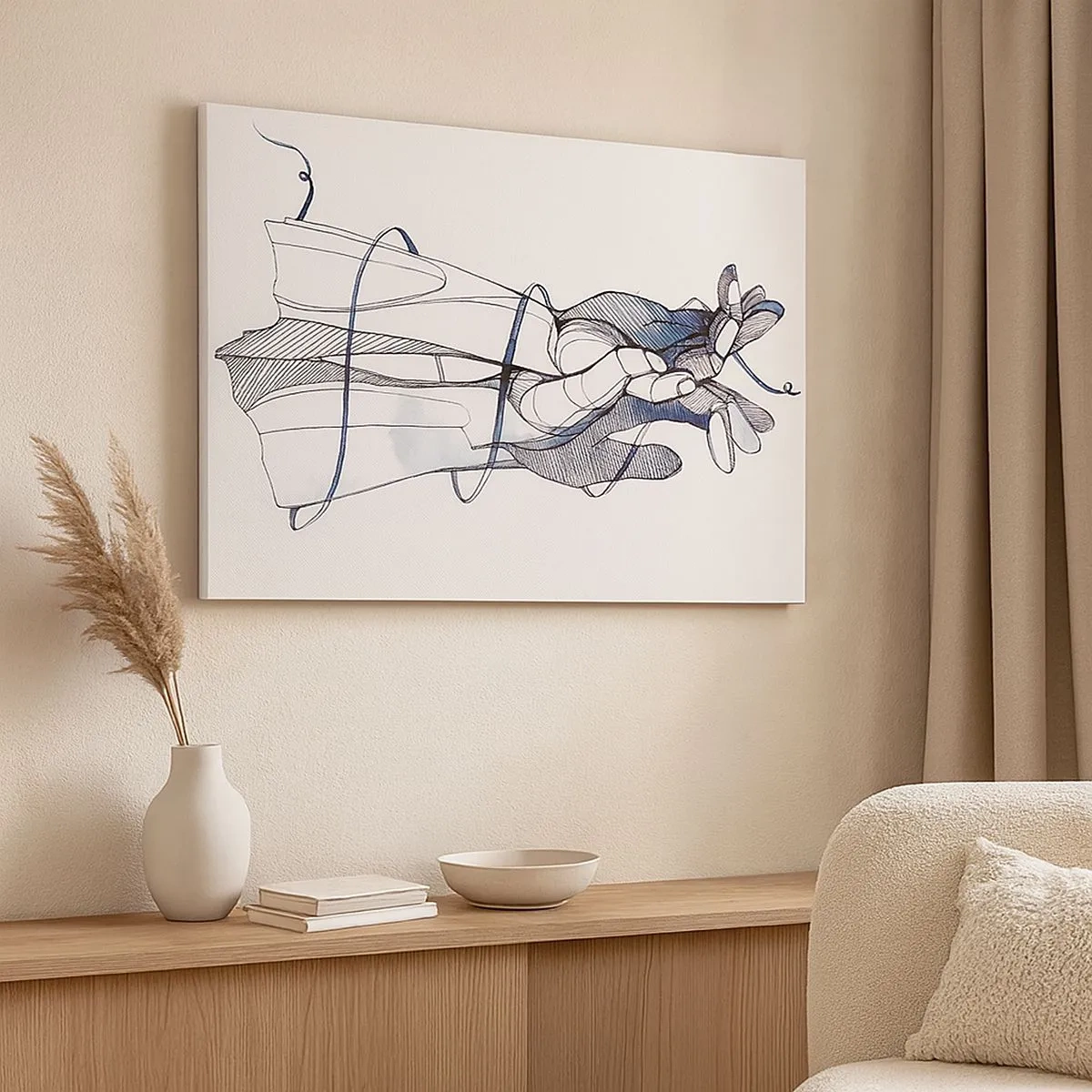 Quadro em tela - Um desenho sutil de uma mão com uma flor delicada - 70x50cm - Estudo do toque - Decoração de parede moderna para a sala de estar e quarto ARTTOR