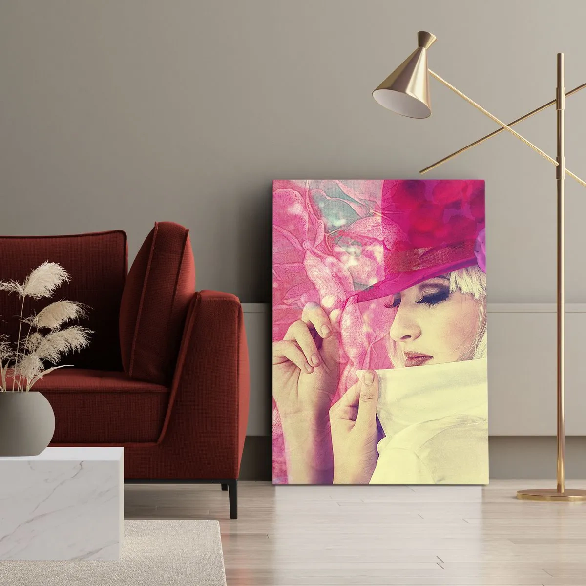 Quadro em tela - Retrato retro em rosa - 65x120 cm