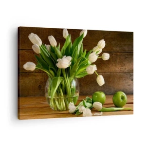 Quadro em tela - Um buquê de tulipas brancas em um vaso de vidro com maçãs verdes - 70x50cm - Suculentas e frescas em verde e branco - Decoração de parede moderna para a sala de estar e quarto ARTTOR