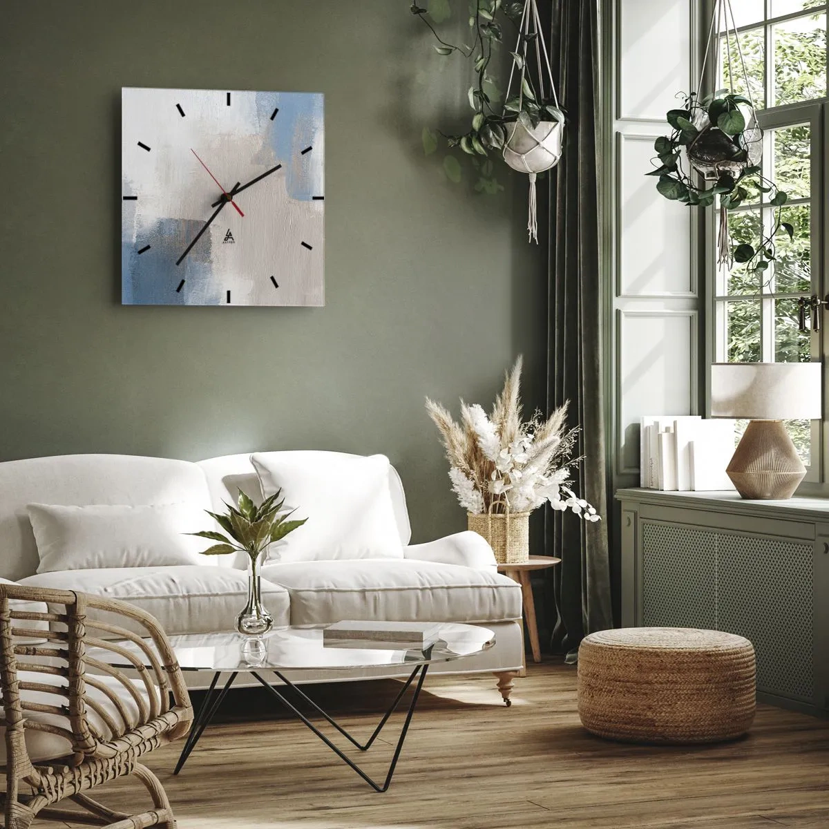 Relógio de parede - Relógio em vidro - Abstração rosa atrás da cortina azul - 30x30 cm