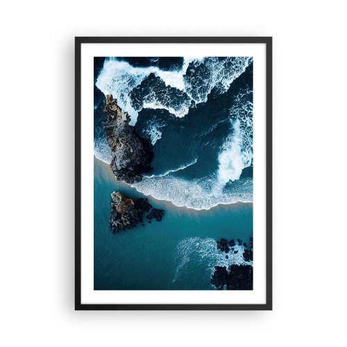 Pôster com moldura preta - Vista das ondas do oceano quebrando contra as rochas - 50x70cm - Envolto em ondas - Decoração de parede moderna para a sala de estar e quarto ARTTOR