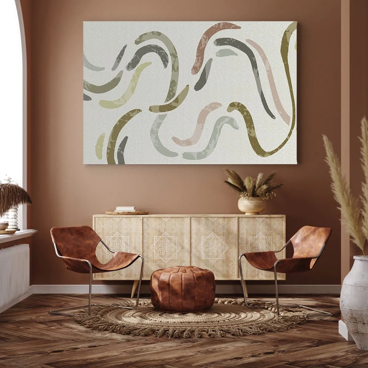 Quadro em tela - Arcos abstratos em cores pastel - 70x50cm - Uma alegre dança de abstração - Decoração de parede moderna para a sala de estar e quarto ARTTOR