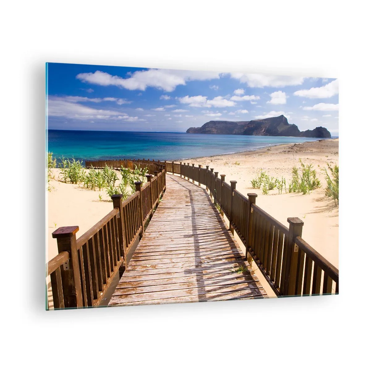 Quadro em vidro - Caminho de madeira na praia que leva ao mar - 70x50cm - Leve-me para as ilhas felizes - Decoração de parede moderna para a sala de estar e quarto ARTTOR