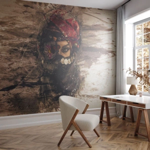 Papel de Parede Premium Canvas - Perturbador, para dizer o mínimo - Abstração, Rosto de mulher, Símbolos Orientais - 200x140 cm