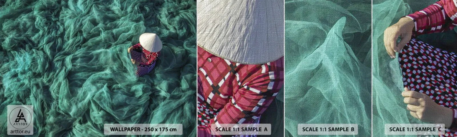 Amostra de papel de parede Premium Canvas - Num mar de redes - Rede de pesca, Mulher, Vietnã - 100x30 cm