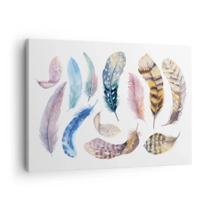 Quadro em tela - Penas coloridas em um delicado estilo aquarela - 70x50cm - Leve, heterogéneo e multicolorido - Decoração de parede moderna para a sala de estar e quarto ARTTOR
