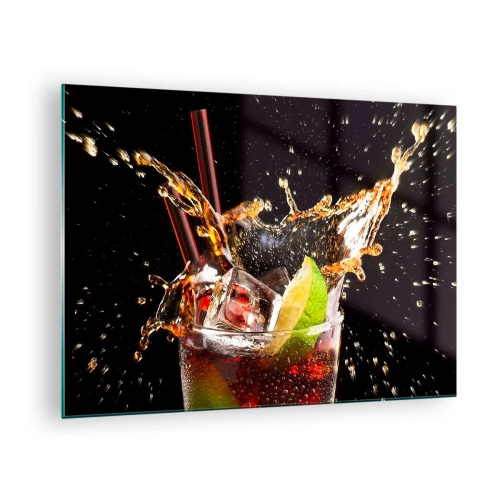 Quadro em vidro - Um copo de bebida com limão e respingos em um fundo preto - 70x50cm - Alegria e energia das cores - Decoração de parede moderna para a sala de estar e quarto ARTTOR