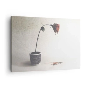 Quadro em tela - Uma rosa vermelha em um vaso com gotas de tinta sobre um fundo branco - 70x50cm - Rosa dolorosa - Decoração de parede moderna para a sala de estar e quarto ARTTOR