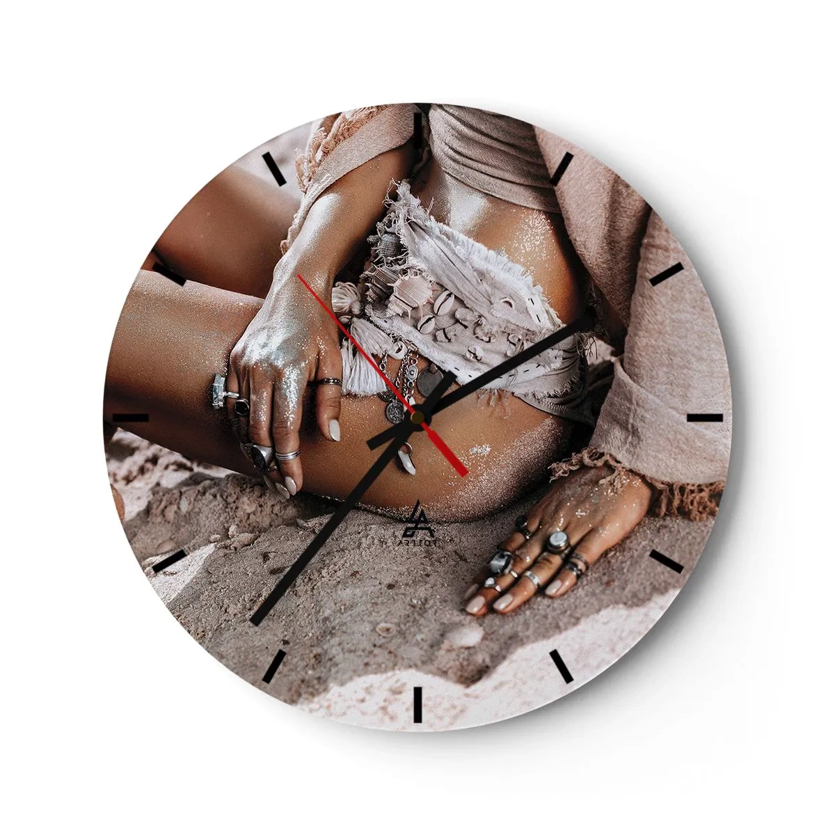 Relógio de parede - Relógio em vidro - Estilo boho feminino com joias e areia na pele - 30x30cm - Expulsa pelas ondas? - Decoração de parede moderna para a sala de estar, cozinha e quarto ARTTOR