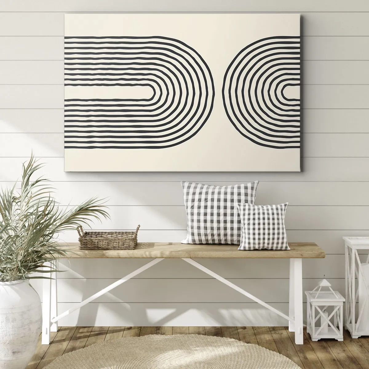 Quadro em tela - Padrão geométrico abstrato com linhas simétricas em um fundo claro - 70x50cm - Em um momento... - Decoração de parede moderna para a sala de estar e quarto ARTTOR