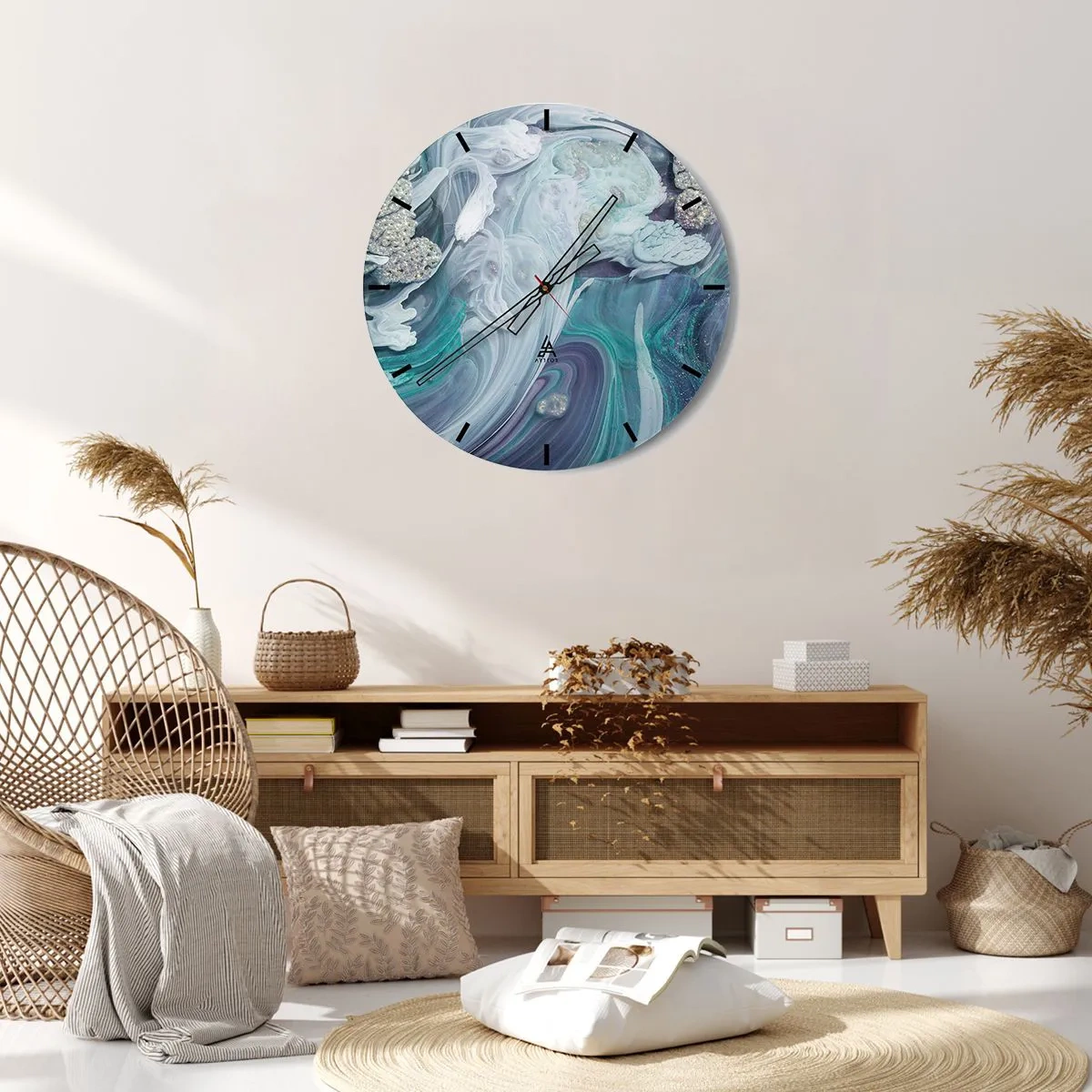 Relógio de parede - Relógio em vidro - Uma composição abstrata em tons de azul e turquesa com glitter. - 30x30cm - Correntes de azul - Decoração de parede moderna para a sala de estar, cozinha e quarto ARTTOR