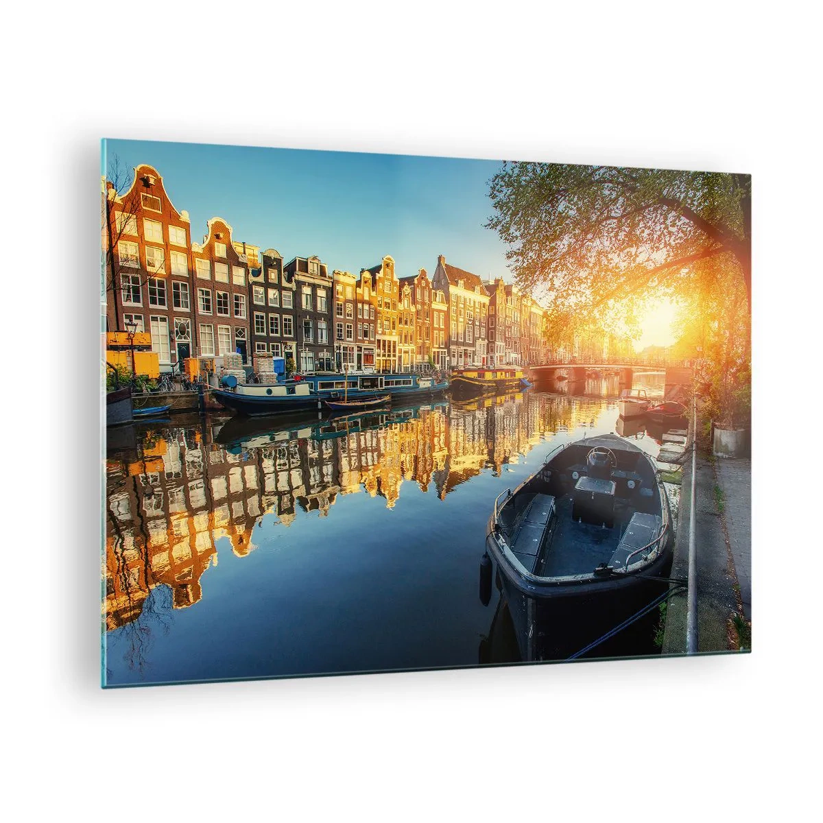 Quadro em vidro - Canal de Amsterdã ao pôr do sol - 70x50cm - Manhã em Amsterdã - Decoração de parede moderna para a sala de estar e quarto ARTTOR