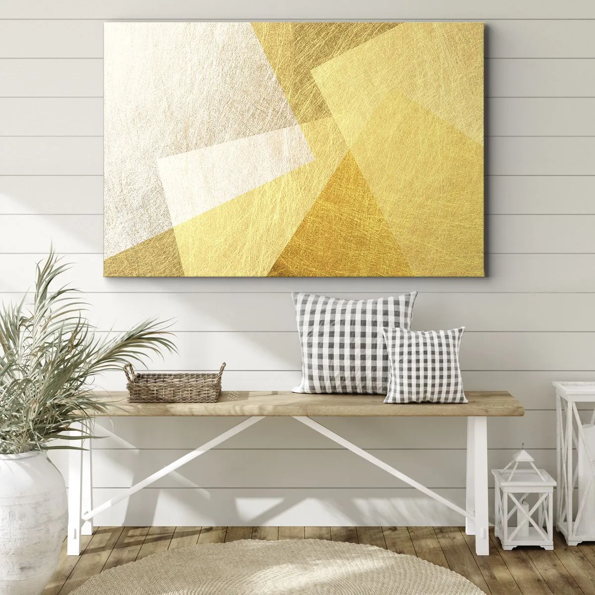 Quadro em tela - Formas geométricas em dourado e tons claros - 70x50cm - Clima geométrico - Decoração de parede moderna para a sala de estar e quarto ARTTOR