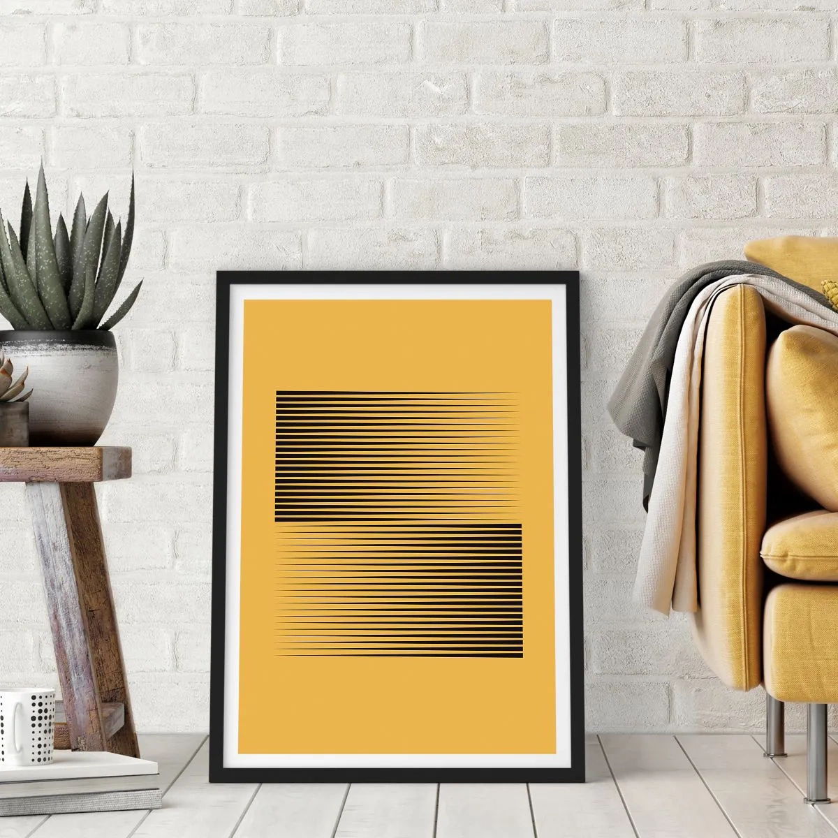 Pôster com moldura preta - Uma composição minimalista de linhas sobre um fundo mostarda. - 50x70cm - Quadratura de opostos - Decoração de parede moderna para a sala de estar e quarto ARTTOR