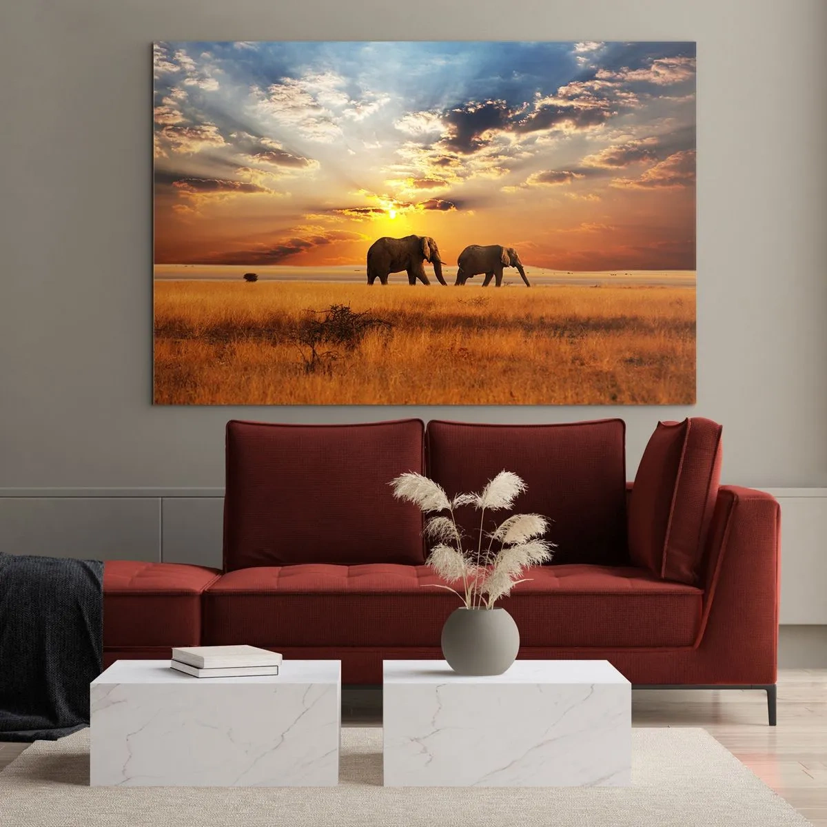 Quadro em vidro - Elefantes na savana africana ao pôr do sol - 70x50cm - Caminhada em família - Decoração de parede moderna para a sala de estar e quarto ARTTOR
