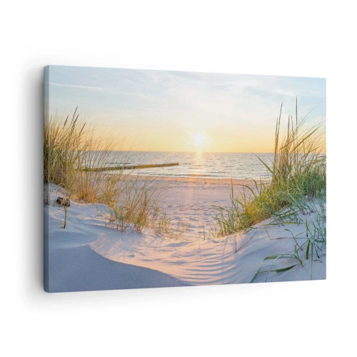Quadro em tela - Uma praia de areia com vista para o pôr do sol sobre o mar - 70x50cm - O som do mar, o canto dos pássaros, a praia selvagem entre a relva... - Decoração de parede moderna para a sala de estar e quarto ARTTOR