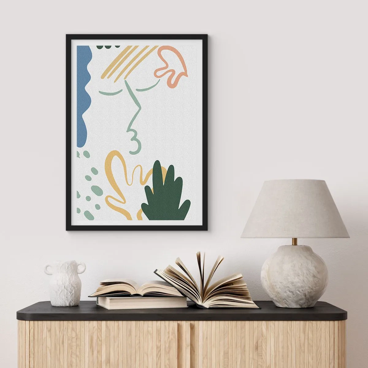 Pôster com moldura preta - Retrato abstrato em pastéis - 50x70cm - Beijo de flores - Decoração de parede moderna para a sala de estar e quarto ARTTOR