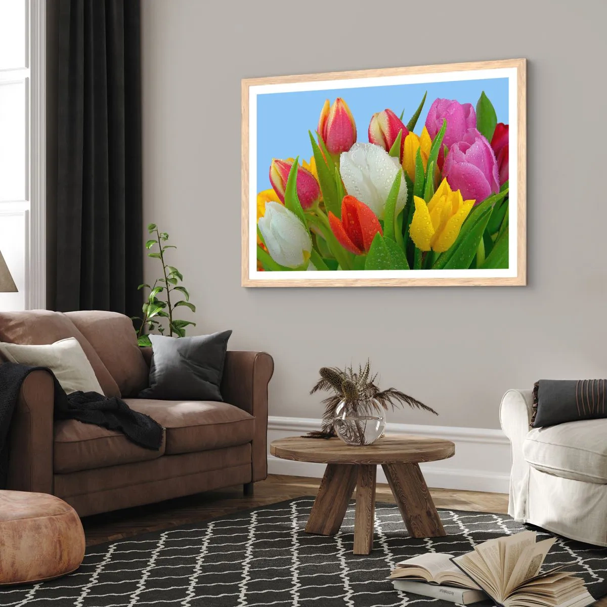 Pôster com moldura de carvalho claro - Arco-íris floral em gotas de orvalho - 91x61 cm