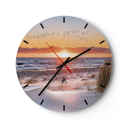Relógio de parede - Relógio em vidro - Pôr do sol sobre o mar com pássaros e areia em primeiro plano - 30x30cm - Paisagem horizontal - Decoração de parede moderna para a sala de estar, cozinha e quarto ARTTOR