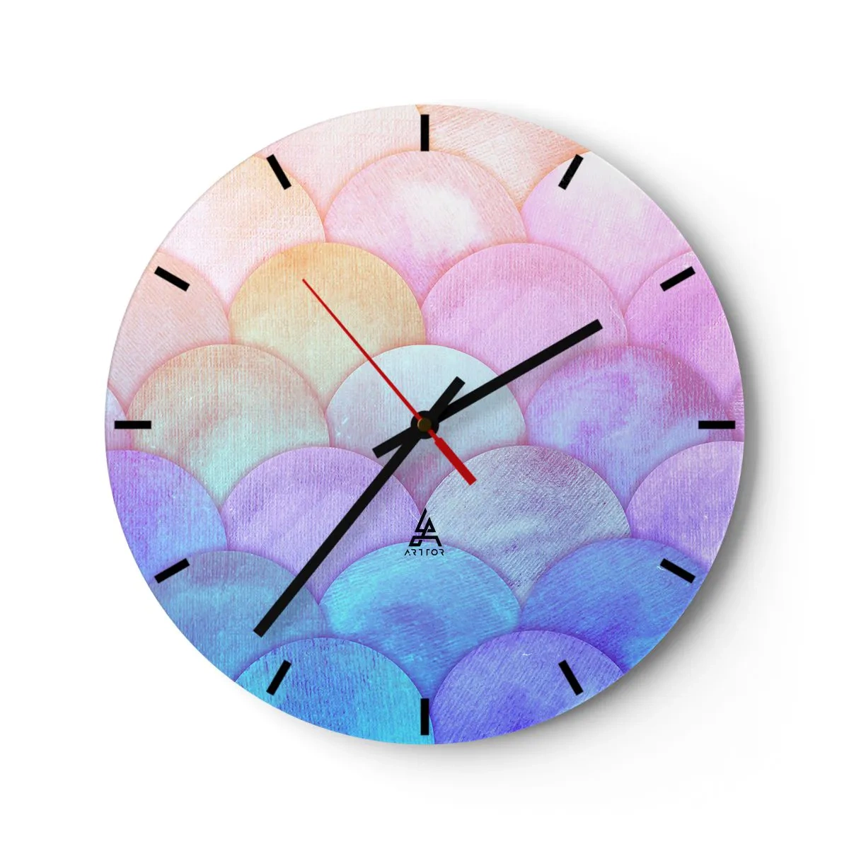 Relógio de parede - Relógio em vidro - Escamas pastéis semicirculares em tons de rosa, roxo e azul - 30x30cm - Escala de pérola - Decoração de parede moderna para a sala de estar, cozinha e quarto ARTTOR