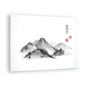 Quadro em vidro - Uma paisagem montanhosa minimalista em estilo oriental - 70x50cm - Para além do vale - Decoração de parede moderna para a sala de estar e quarto ARTTOR