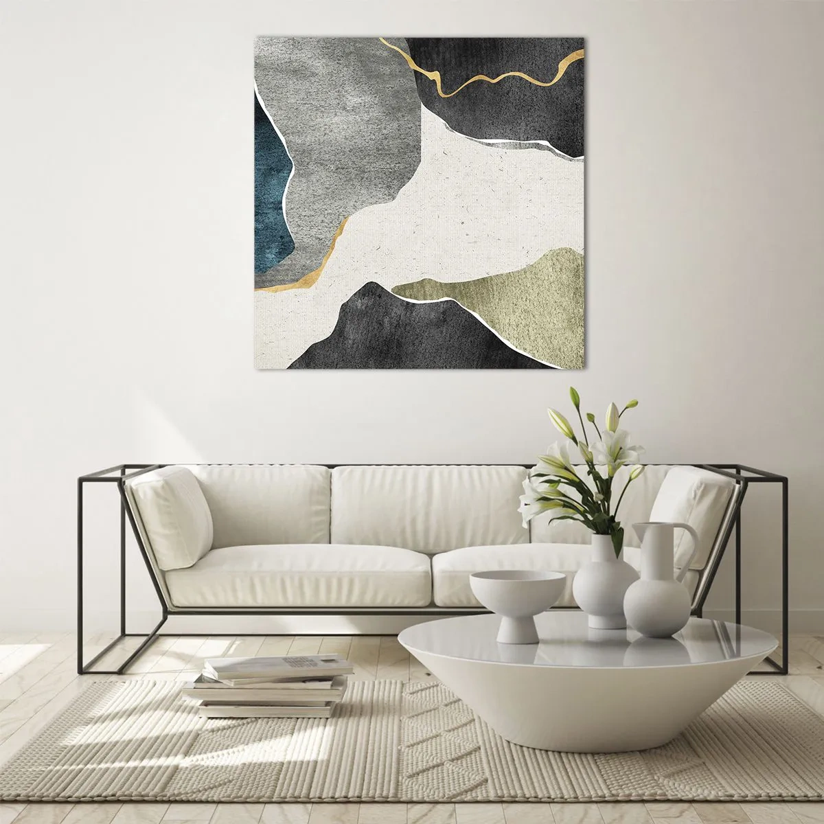 Quadro em vidro - Composição de mosaico com fio de ouro - 50x50 cm