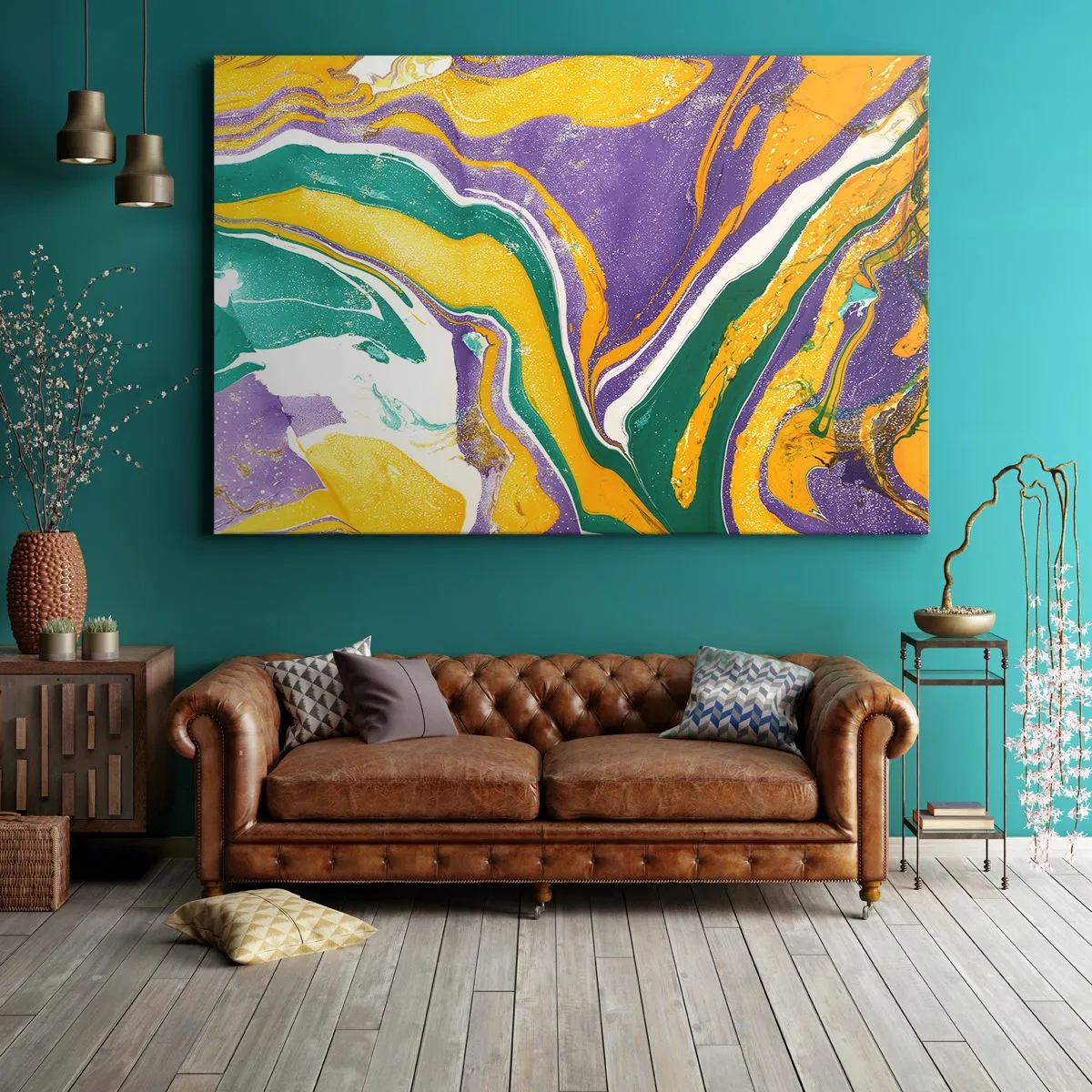 Quadro em tela - Padrão abstrato de mármore em cores vivas - 70x50cm - Ondas de cor - Decoração de parede moderna para a sala de estar e quarto ARTTOR