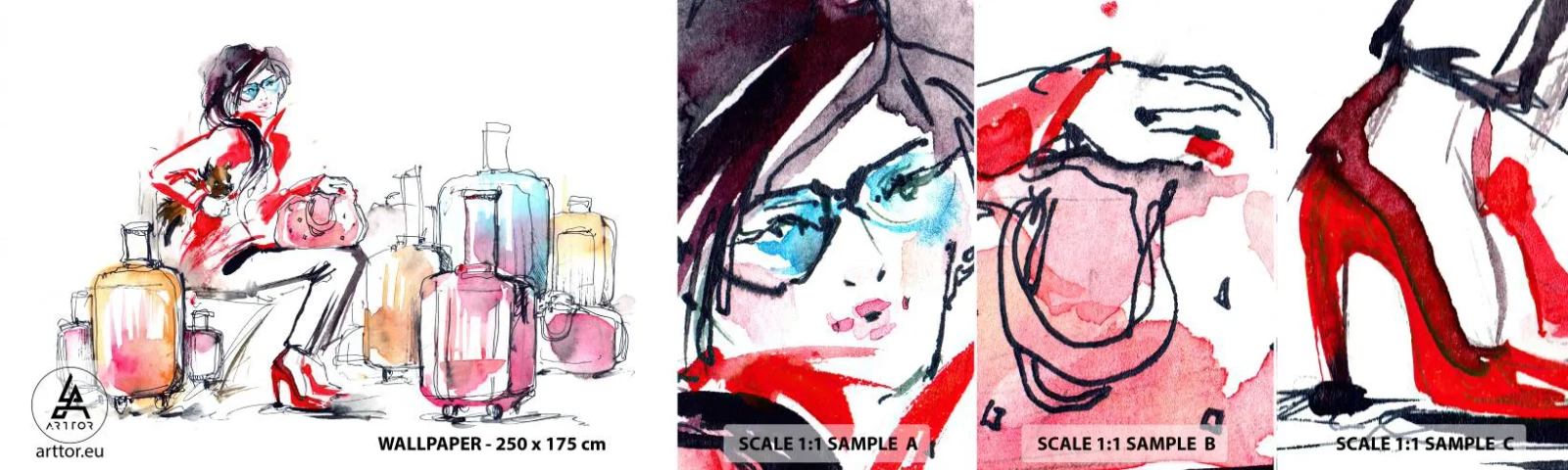 Amostra de papel de parede autocolante Deluxe Sticker - Vamos sentar antes da viagem - Mulher, Viagem, Mala - 100x30 cm