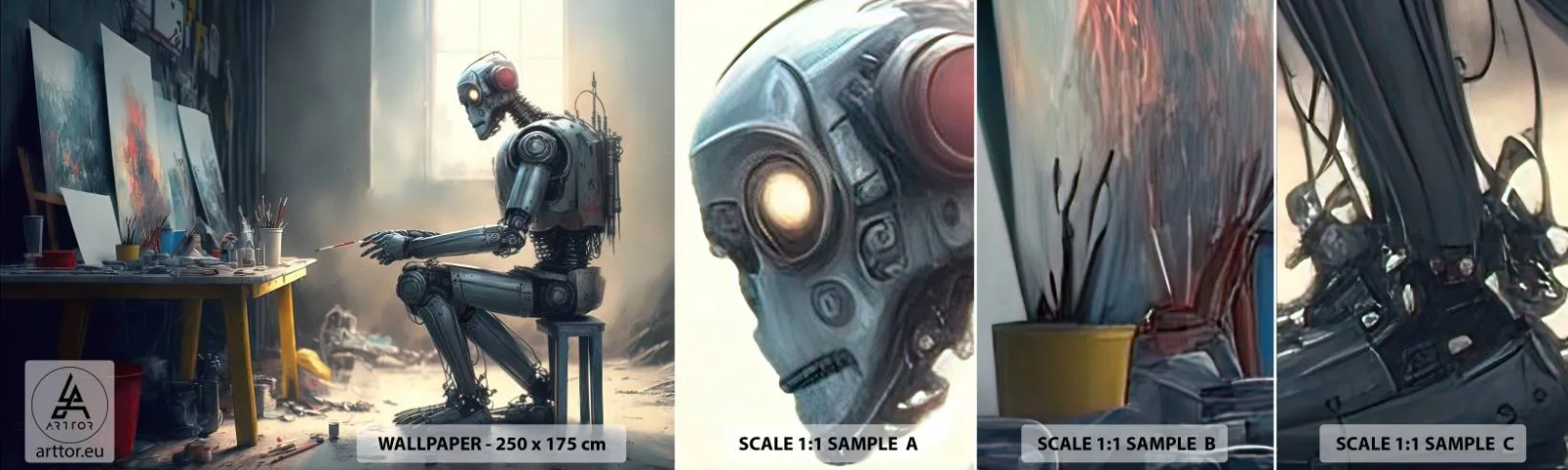 Amostra de papel de parede autocolante Deluxe Sticker - O ato de criação - Pedaço, Pintura, Robô - 100x30 cm