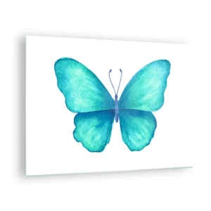 Quadro em vidro - Borboleta azul em estilo aquarela sobre fundo branco - 70x50cm - Turquesa por natureza - Decoração de parede moderna para a sala de estar e quarto ARTTOR