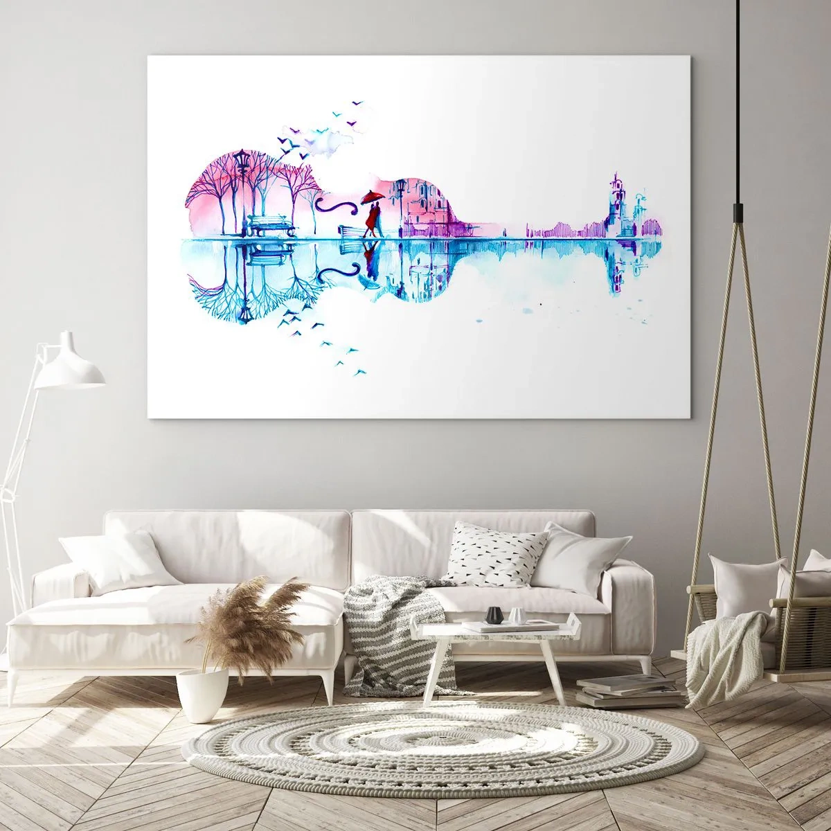 Quadro em vidro - Uma paisagem em forma de guitarra em estilo aquarela - 70x50cm - Trago-vos cânticos de chuva - Decoração de parede moderna para a sala de estar e quarto ARTTOR