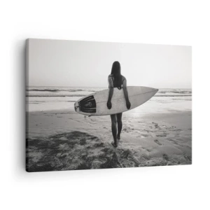 Quadro em tela - Mulher com prancha de surfe na praia em preto e branco - 70x50cm - Filha da onda do mar - Decoração de parede moderna para a sala de estar e quarto ARTTOR