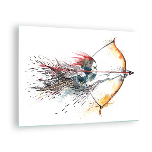 Quadro em vidro - Arqueiro em um cenário dinâmico de aquarela - 70x50cm - Guerreiro mítico com um arco de fogo - Decoração de parede moderna para a sala de estar e quarto ARTTOR