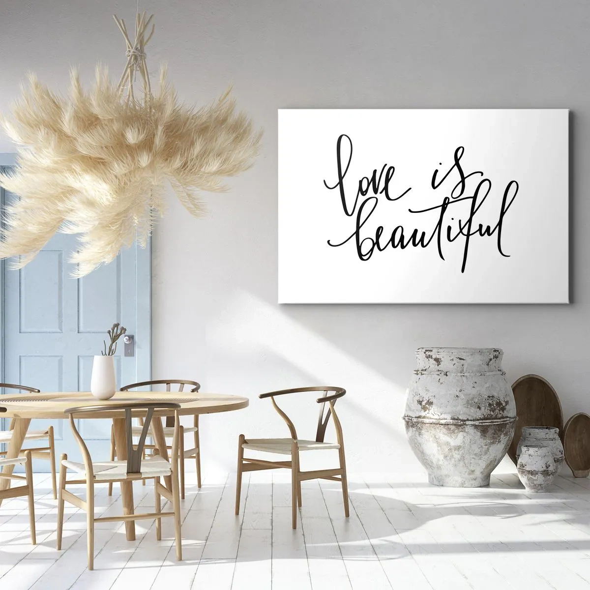Quadro em tela - Inscrição preta "o amor é lindo" em um fundo branco - 70x50cm - Leia e repita - Decoração de parede moderna para a sala de estar e quarto ARTTOR