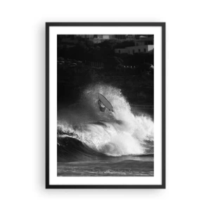 Pôster com moldura preta - Surfista preto e branco em ação em ondas fortes - 50x70cm - Desafio aceito! - Decoração de parede moderna para a sala de estar e quarto ARTTOR