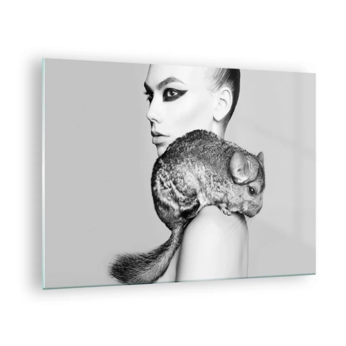 Quadro em vidro - Retrato de uma mulher com uma chinchila em preto e branco - 70x50cm - A dama com a chinchila - Decoração de parede moderna para a sala de estar e quarto ARTTOR