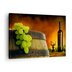 Quadro em tela - Uvas em um barril de vinho com um esquema de cores quentes ao fundo - 70x50cm - Natureza morta com uma garrafa de vinho e um cacho de uvas - Decoração de parede moderna para a sala de estar e quarto ARTTOR