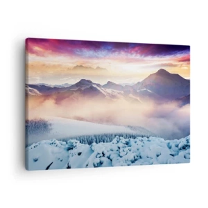 Quadro em tela - Montanhas cobertas de neve ao amanhecer com um céu colorido - 70x50cm - O poder e a pureza da natureza - Decoração de parede moderna para a sala de estar e quarto ARTTOR