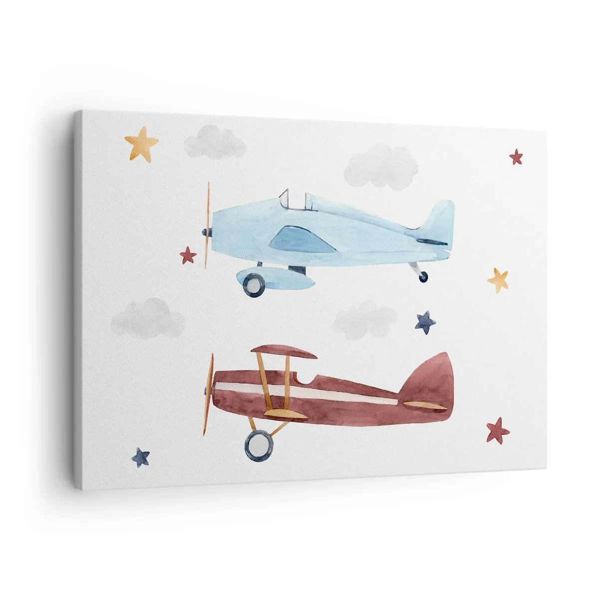 Quadro em tela - Aviões pintados à mão contra um fundo de nuvens e estrelas - 70x50cm - Sr. Piloto, estamos a aguardar! - Decoração de parede moderna para a sala de estar e quarto ARTTOR