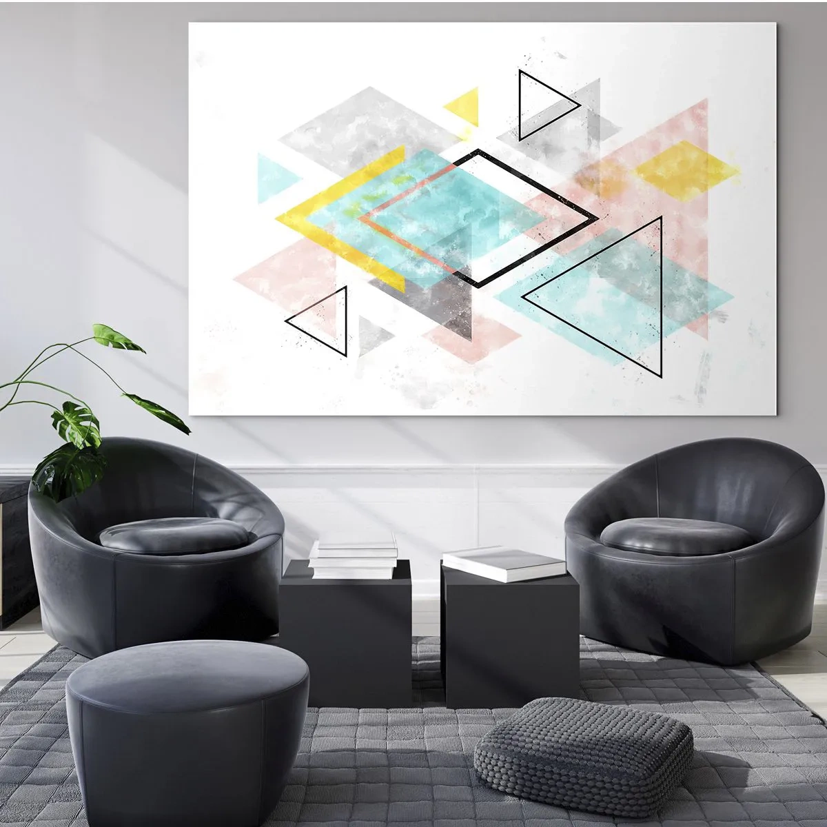 Quadro em vidro - Formas geométricas coloridas em um fundo branco em um estilo abstrato - 70x50cm - Jogo geométrico - Decoração de parede moderna para a sala de estar e quarto ARTTOR